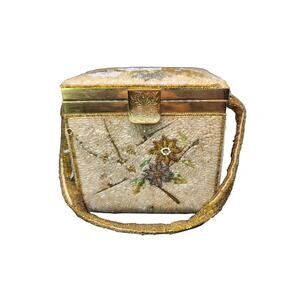 Vintage Original Tori Beaded Box Purse Made in Japan Cream Floral Top Handle